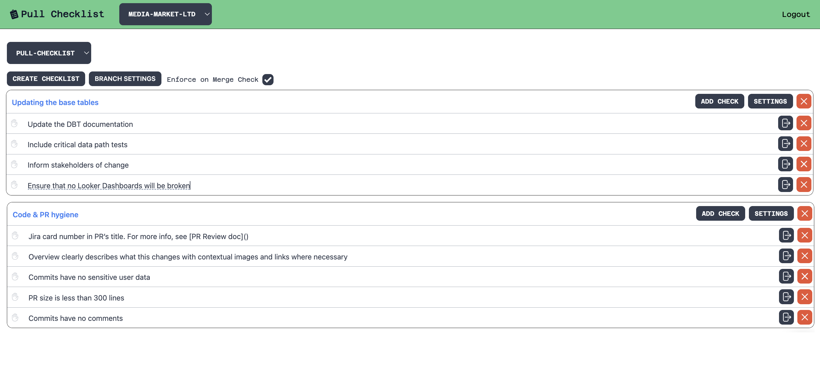 Pull Checklist dashboard showing engineering team workflow and code review process